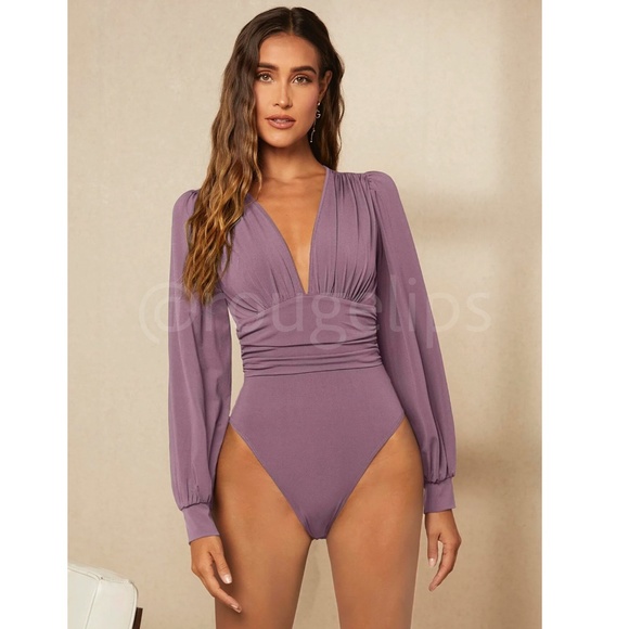 Dusty Lavender Elegant V neck Bodysuit Long Bishop Sleeves Stretchy Ruched Wais - Picture 6 of 8